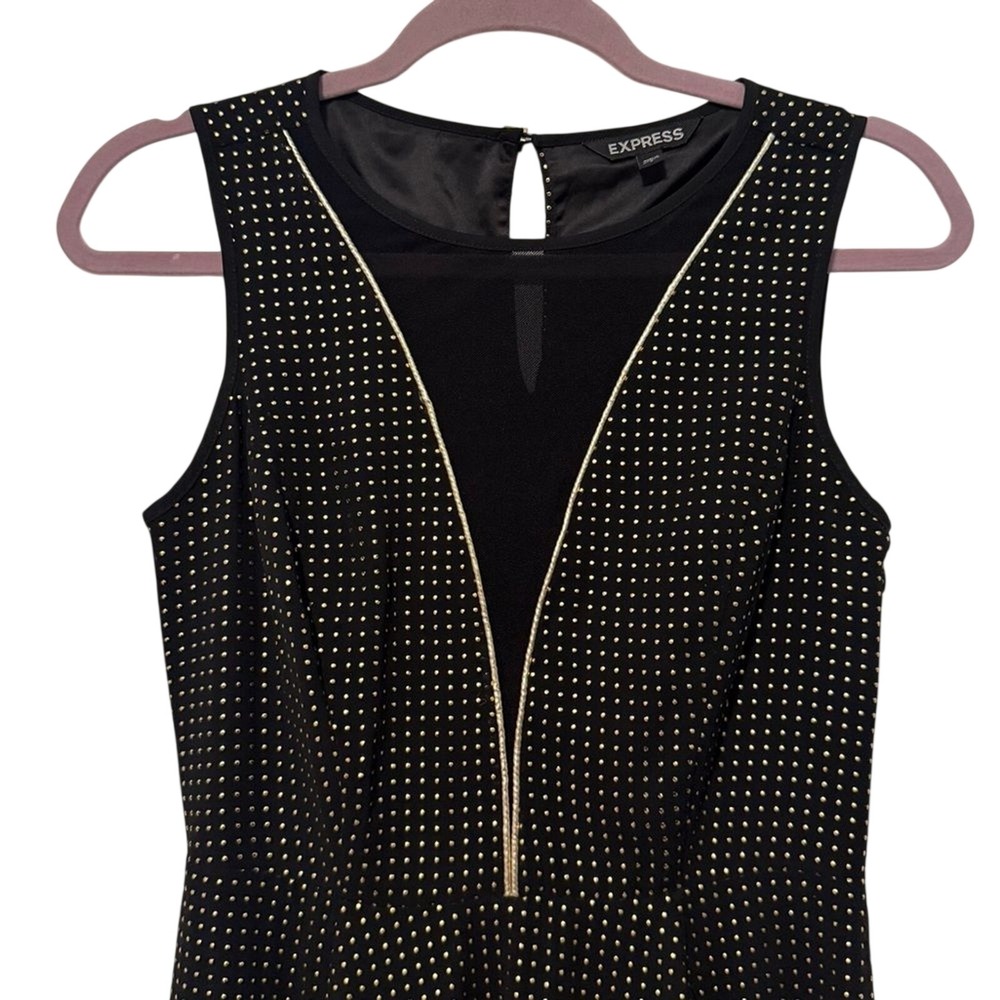 Express Fit and Flare Dress Black Gold Studded Mesh Inset Womens 2 - Picture 3 of 9